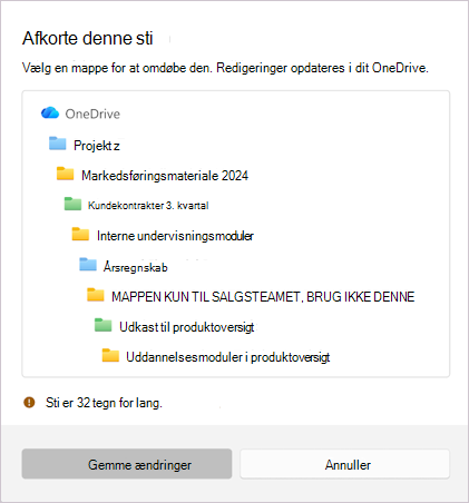 Skærmbillede, der viser meddelelsen om at forkorte det valgte filnavn.