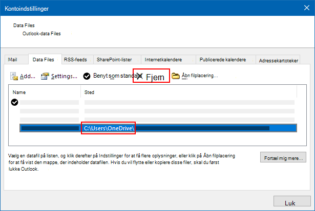 Dialogboksen Outlook-datafiler