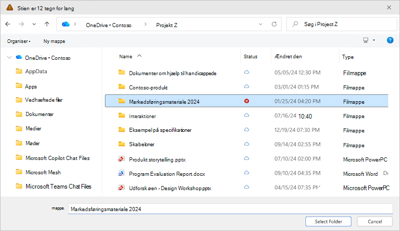 Skærmbillede, der viser dialogboksen Vælg mappe i OneDrive.