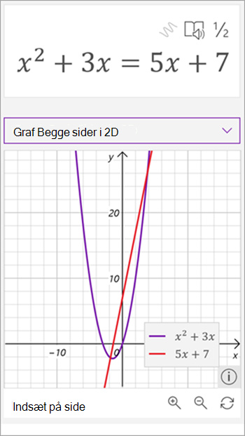 skærmbillede af graf, der er genereret af matematikassistenten, for ligningen x kvadreret plus 3 x er lig med 5 x plus syv. en linje er vist med rødt og en parabola med lilla
