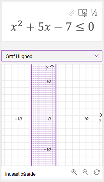 skærmbillede af graf over matematikassistent genereret for uligheden x kvadreret plus 5x - 7 er mindre end eller lig med 0. Der vises et skyggelagt område mellem to lodrette streger på grafen