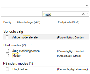 Brug Søg til at søge efter noter overalt i OneNote.