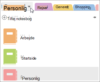 Skift mellem notesbøger vha. menuen til venstre.