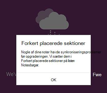 Meddelelse om forkert placerede sektioner i OneNote til Android