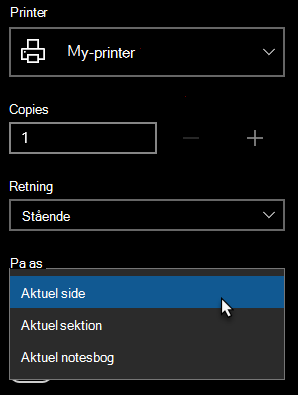Printerdialogfelt med enkelt side, der er markeret