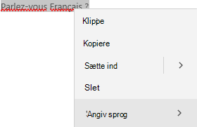 Markeret fransk tekst, der viser genvejsmenuen til at angive sprog.