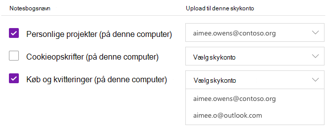Valgte notesbøger, der skal uploades til en skykonto