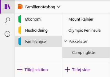 Navigationsgrænseflade i OneNote til Windows 10