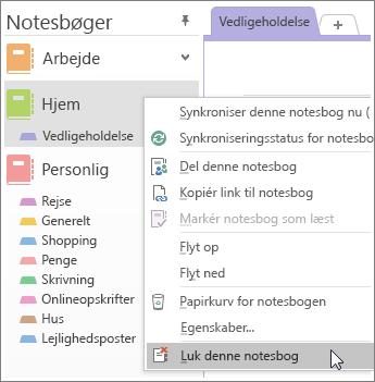 Skærmbillede af, hvordan du lukker en notesbog i OneNote 2016.