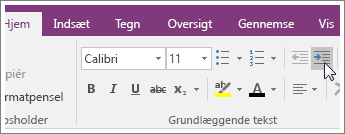 Skærmbillede af knappen Forøg indrykning i OneNote 2016.