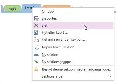 Skærmbillede af hvordan du sletter et afsnit i OneNote 2016.