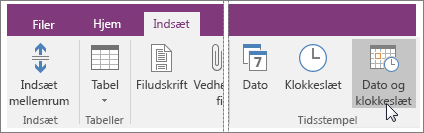 Skærmbillede af knappen Dato og klokkeslæt i OneNote 2016.
