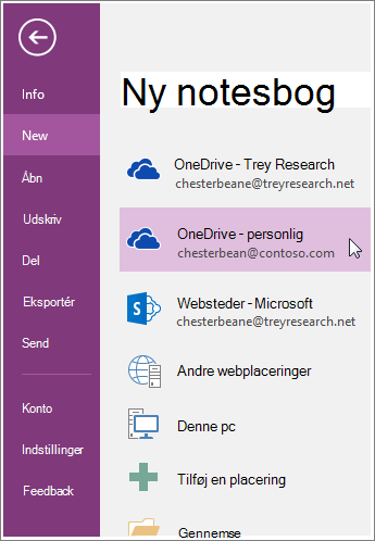 Skærmbillede af, hvordan du opretter en ny OneNote-notesbog.