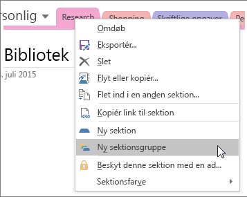 Skærmbillede af hvordan du opretter en ny sektionsgruppe i OneNote 2016.