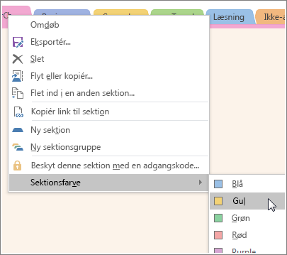 Skærmbillede af, hvordan du ændrer en sektionsfarve i OneNote 2016.