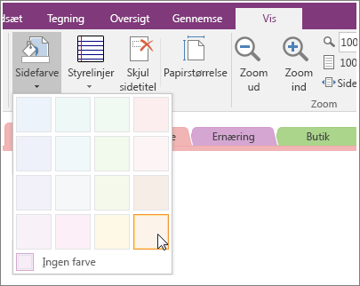 Skærmbillede af knappen Sidefarve i OneNote 2016.