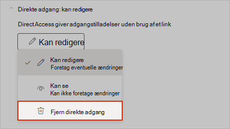 OneNote-skærmbillede, der viser, hvordan du fjerner direkte delingsadgang