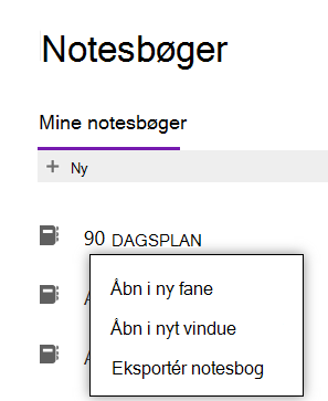 Menu, der viser, hvordan indstillingen Eksportér notesbog i OneNote