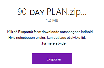 Et pop op-vindue i OneNote med knappen Eksportér.