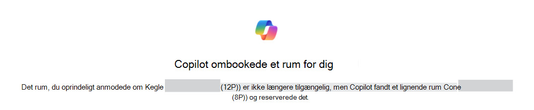 Eksempel på en Copilot, der har ombooket et rum for dig, der bekræfter, at de oprindelige rum og erstatningsrum identificeres.