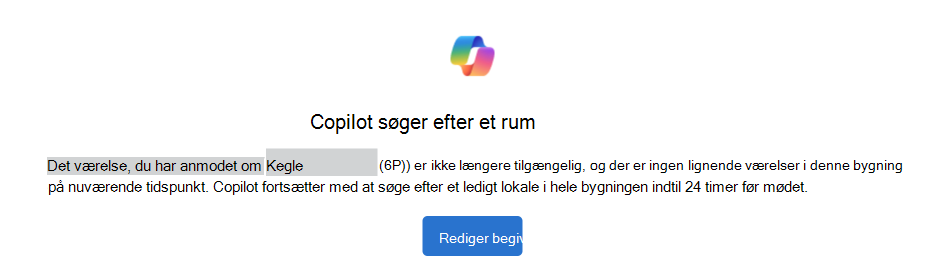 Eksempel på, at Copilot søger efter en rummeddelelse med knappen Rediger begivenhed.