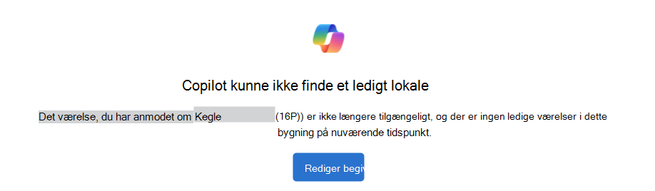 Eksempel på Copilot kunne ikke finde en meddelelse om et tilgængeligt rum med knappen Rediger begivenhed.
