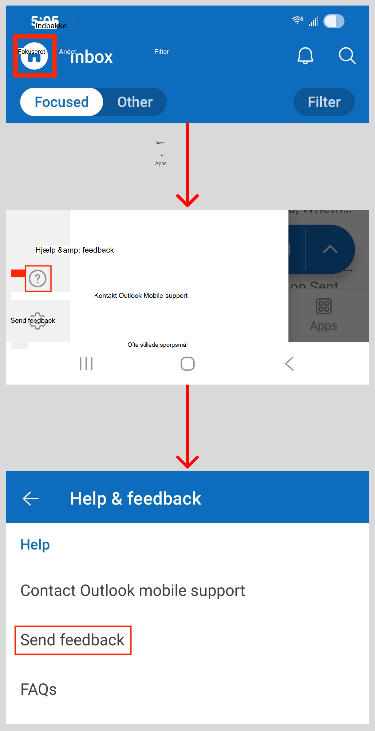 Dette billede viser, hvordan du får adgang til funktionen Send feedback i Outlook til Android.
