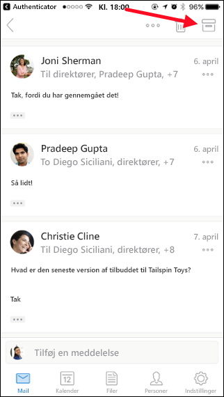 Du kan arkivere en meddelelse ved at trykke på knappen Arkivér