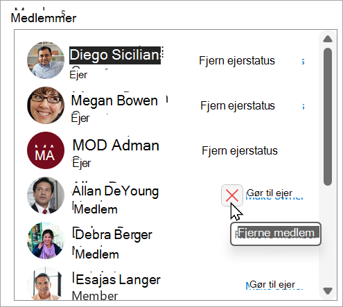 I feltet Medlemmer kan du fjerne ejerstatus, gøre et medlem til ejer eller slette et medlem.