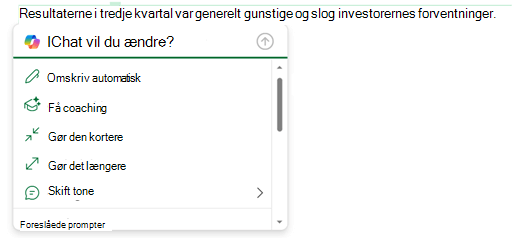 Noget tekst i en mail markeret, og Menuen Copilot blev udvidet for at vise indstillinger for, hvad du kan gøre med den pågældende tekst.