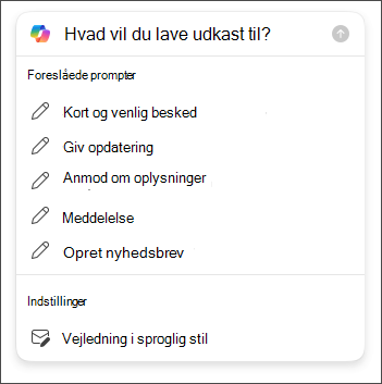 Indstillinger for længde og tone, du kan vælge, når du skriver mails i Outlook med Copilot