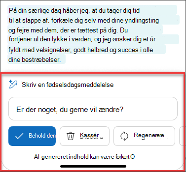 Nogle Efter nøje overvejelse tekst fra en mailkladde ved hjælp af Copilot i iOS og Android