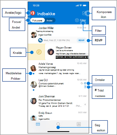 Outlook-skærm i iOS