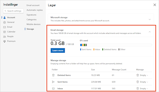 Menuen Lager til Outlook.com.