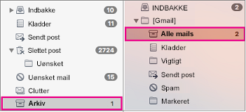 Visning side om side af Exchange- og Gmail-mappelister med arkivmapper fremhævet