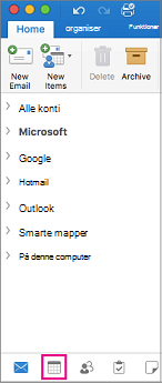 Vælg kalenderknappen nederst på mappelisten i Outlook