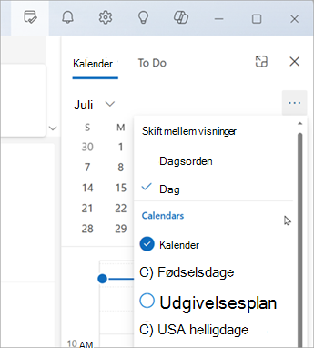 Vælg Skift visninger for at få vist visningen Dagsorden eller Visningen Dag. Her kan du også vælge, hvilke kalendere der skal vises.