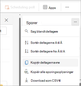Skærmbillede af registreringsruden i det nye Outlook, der viser rullelisteindstillinger til kopiering af deltagerliste