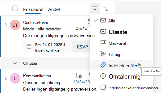 Vælg indeholder filer for at finde alle meddelelser med vedhæftede filer.