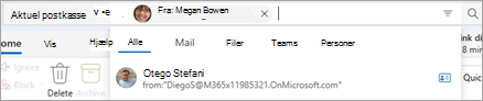 Skriv tekst i søgefeltet for at få vist forslag til søgeområde, f.eks. Alle, Mail, Files, Teams og People.