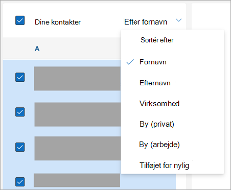 Skærmbillede af indstillinger til sortering af kontakter