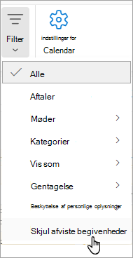 Skærmbillede af Filter i Calendar, der viser Skjul afviste hændelser fra rullelisten