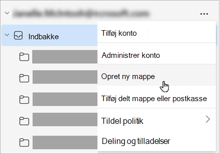 Skærmbillede af Opret ny mappe, der er valgt i menuen Flere indstillinger i mapperuden