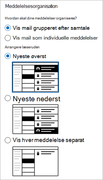 Skærmbillede af sektionen Indstillinger > for maillayout> , der viser sektionen Meddelelsesorganisation