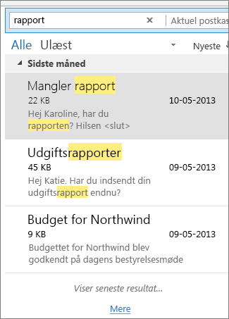 Søgeresultater, som matcher et enkelt ord