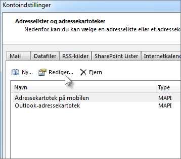 Klik på det ønskede adressekartotek, og klik derefter på Skift.