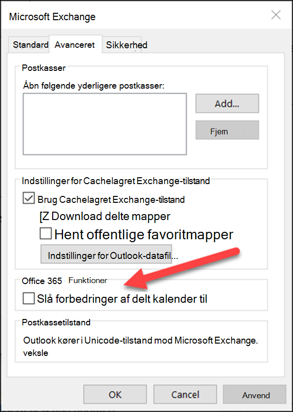 Du kan aktivere forbedringerne i den delte kalender med et afkrydsningsfelt.