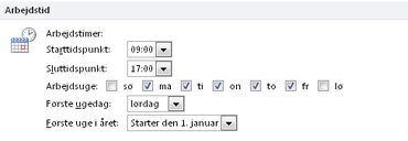 Sektionen Arbejdstid i dialogboksen Indstillinger for Outlook