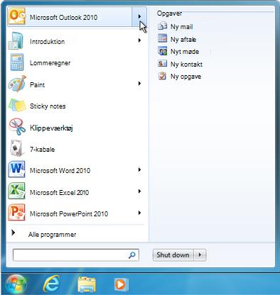 Jumpliste for Outlook 2010 fastgjort til menuen Start i Windows 7