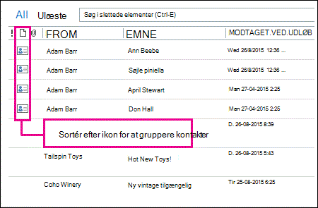 Sortér efter ikon for at gruppere kontakter i mappen Slettet post